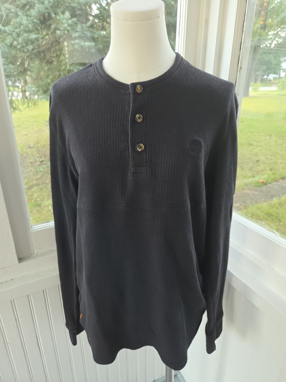 Timberland Men's Black Ribbed Waffle Henley Sweater Top | Size M